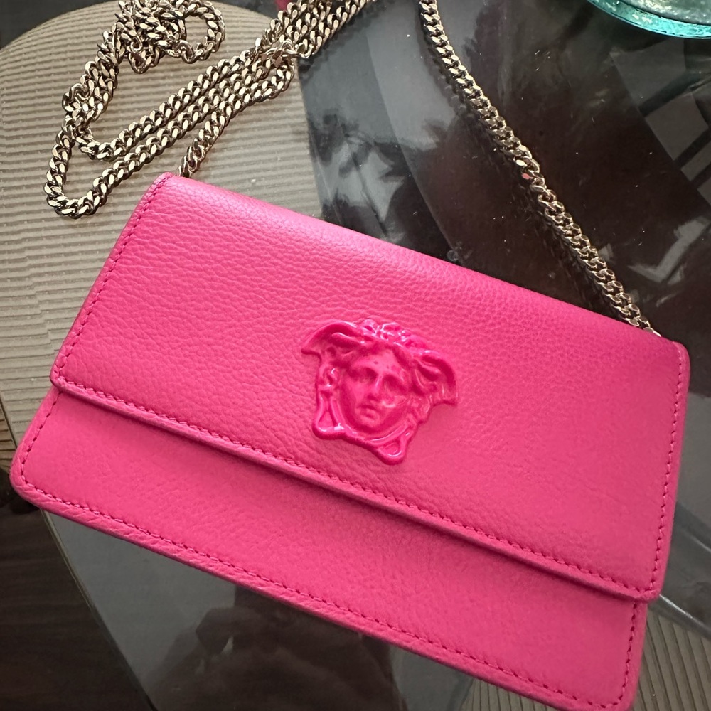 Versace Hot Pink Leather Crossbody with Gold Chain